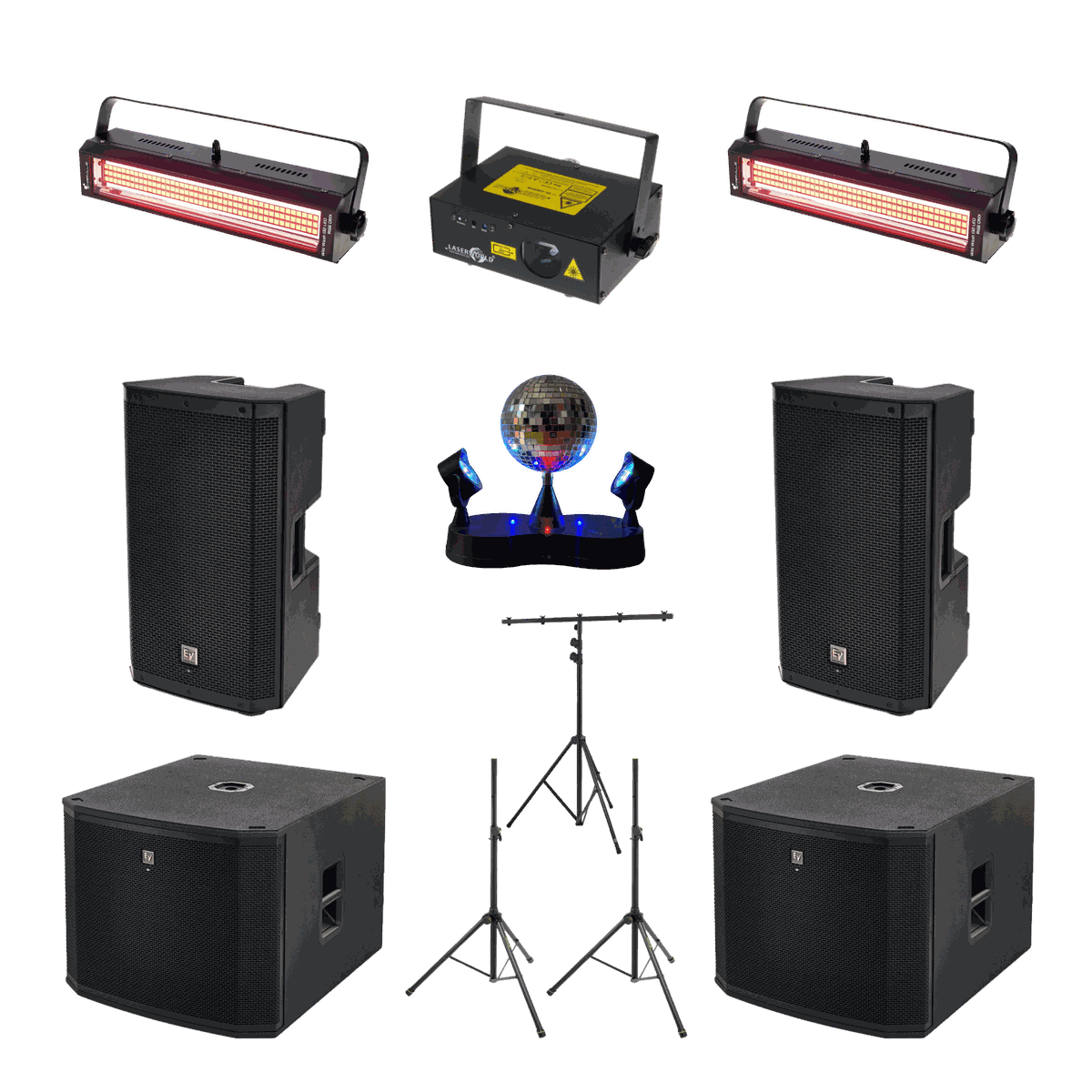 ABIBALL Paket – Stereo-Set, 2 Subwoofer, Wash-Licht, Laser und Nebel